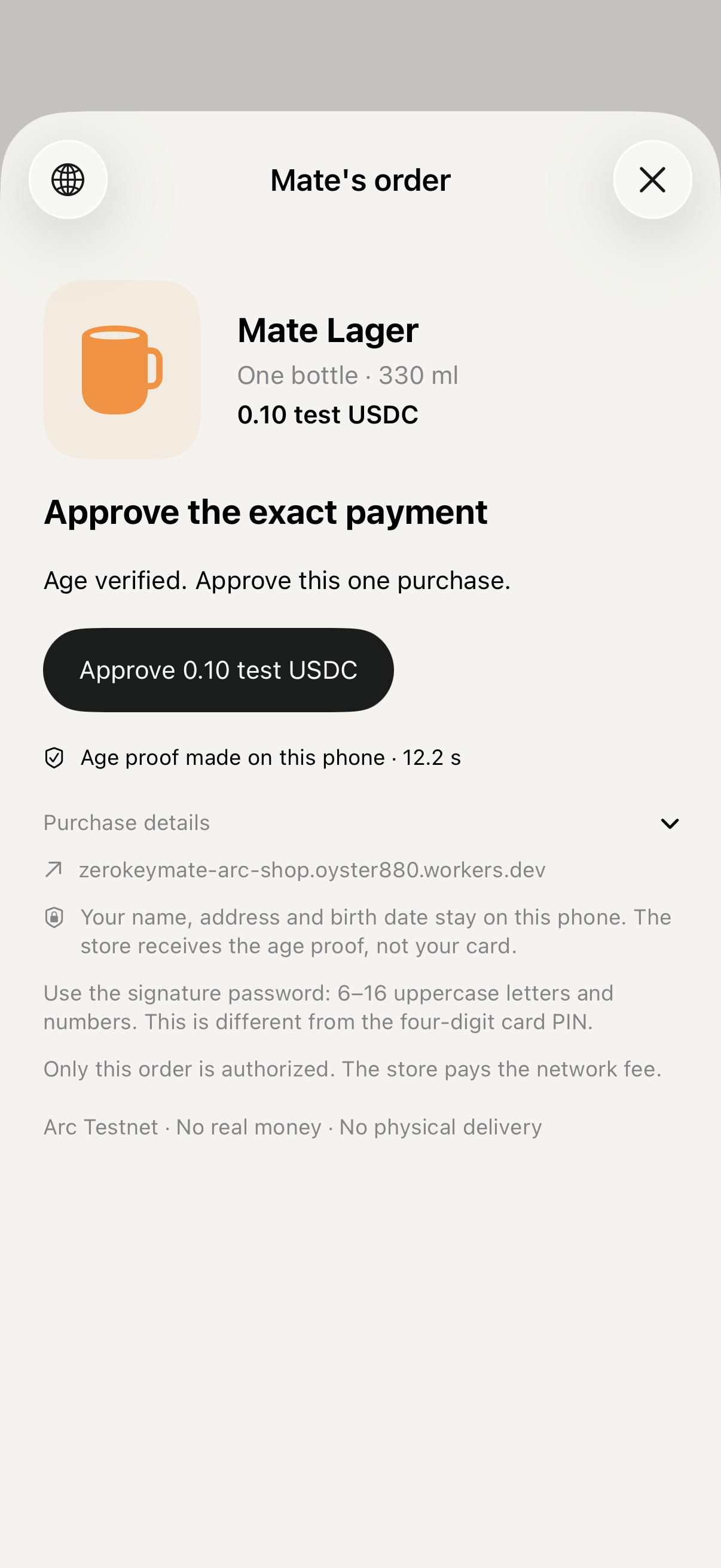 Age verified and exact payment approval. The phone shows 12.2 seconds of local proof processing.