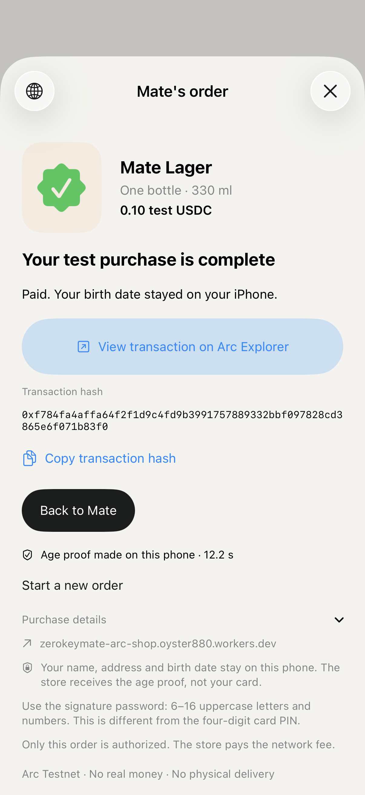 Completed test purchase with a full Arc transaction hash and explorer link.