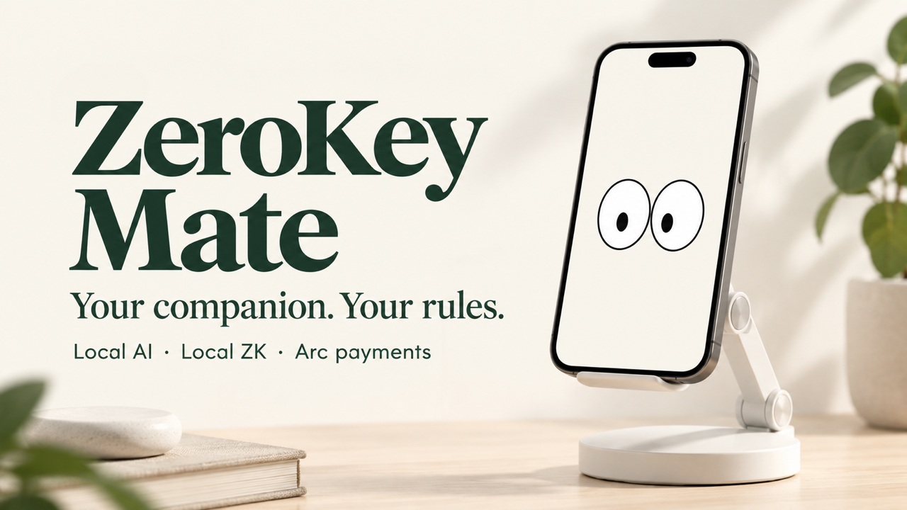 Illustrated ZeroKey Mate phone companion on a desk stand. Local AI, local ZK and Arc payments.