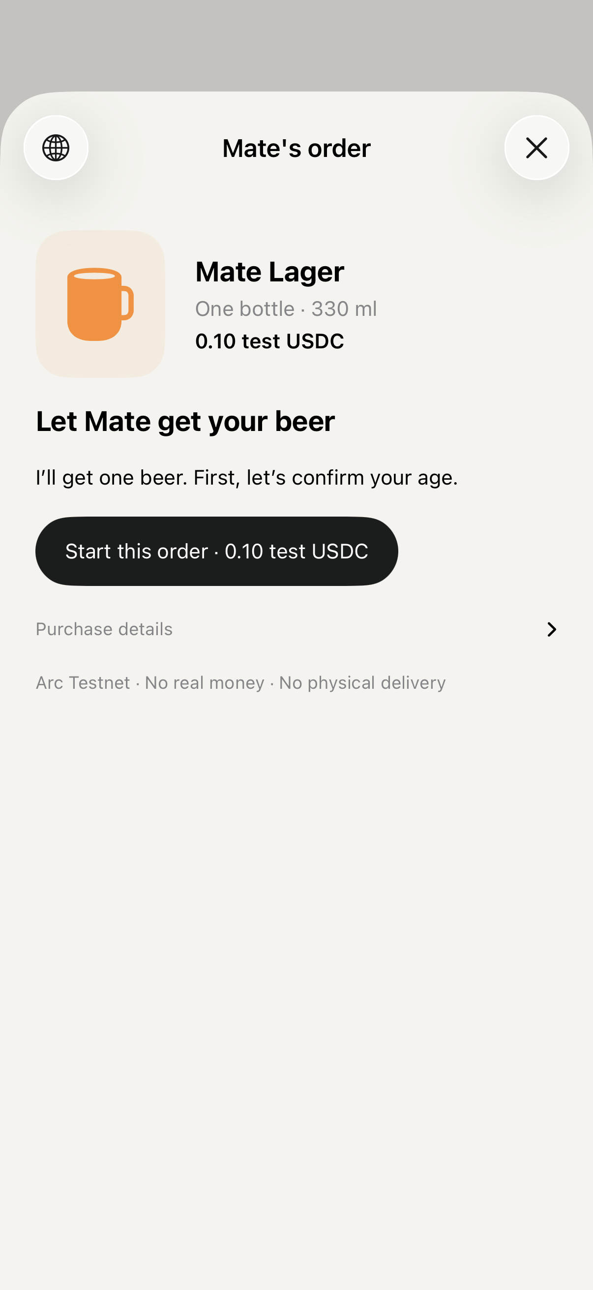 Mate Lager order for 0.10 test USDC in the real English iPhone app.